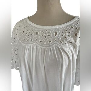 LOFT Eyelet Short Sleeve‎ White Crewneck Pullover Top Preppy Classic Size LARGE